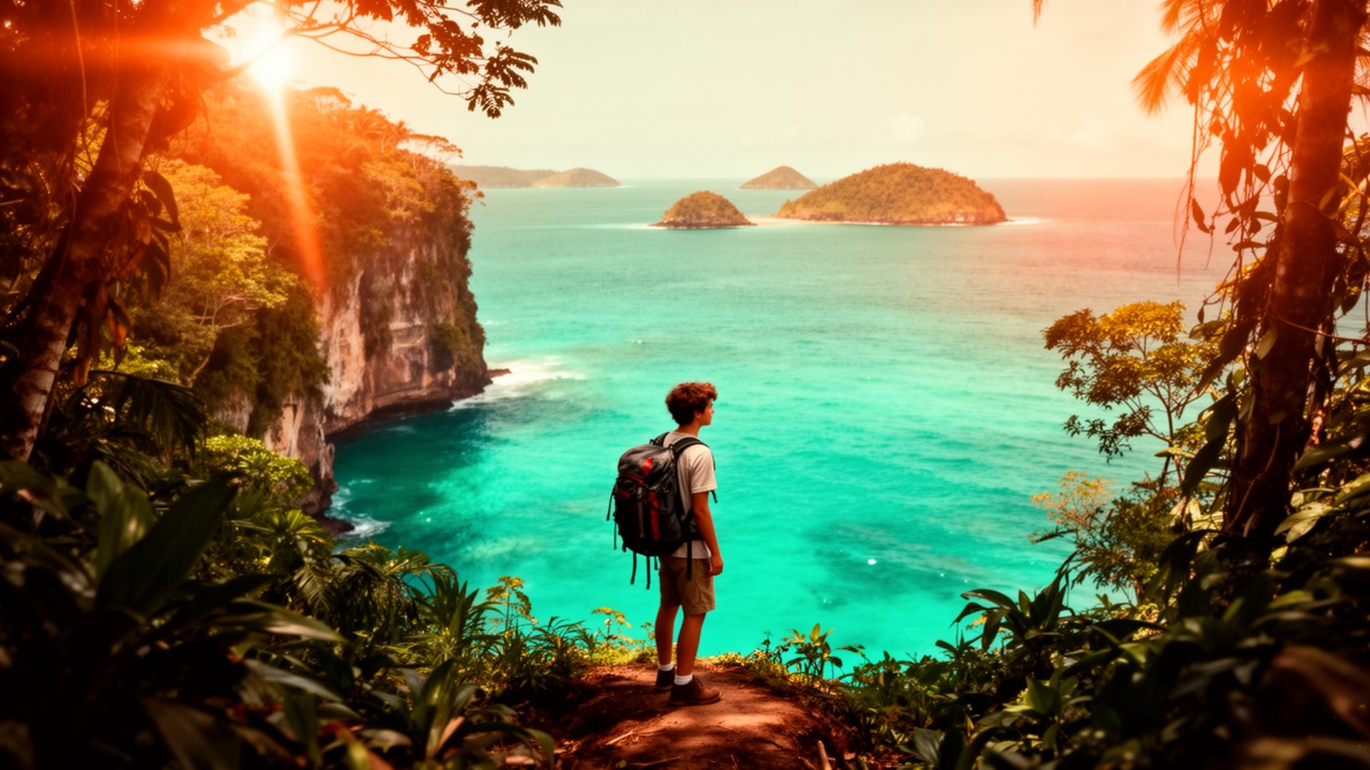 Traveler overlooking a tropical bay at golden hour